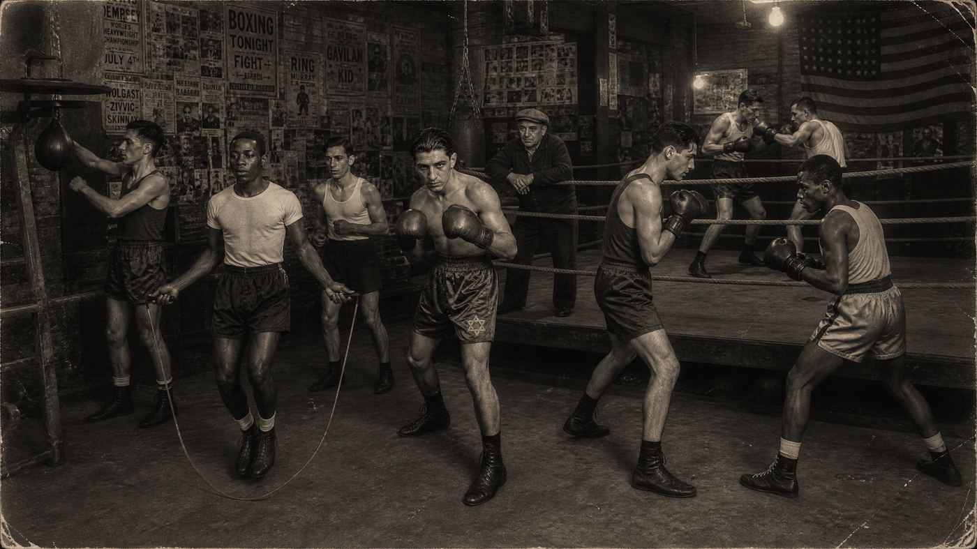Diverse boxers training together in a Lower East Side gym, 1930s