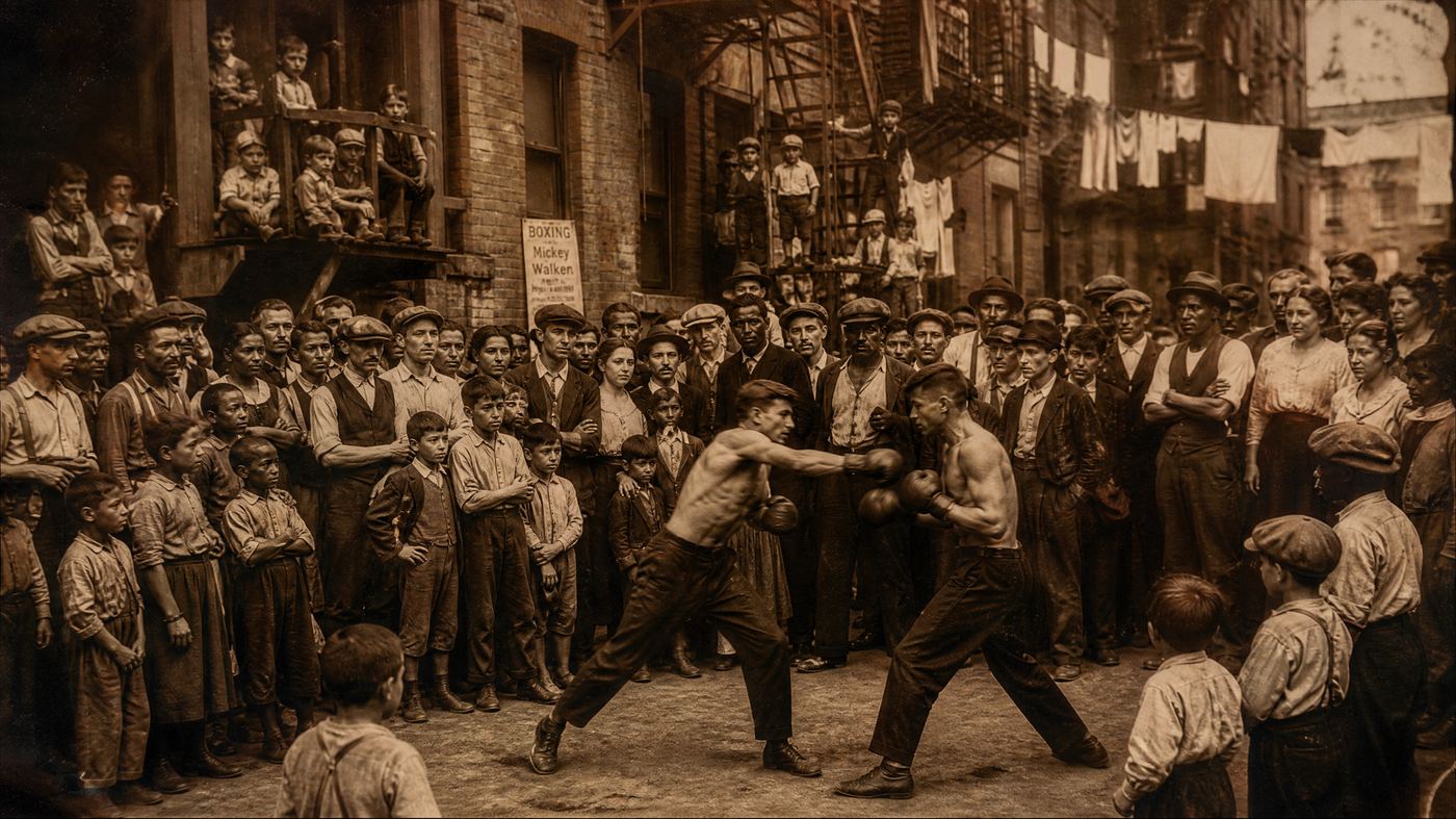 Immigrant community watching a street boxing match, Lower East Side 1920s