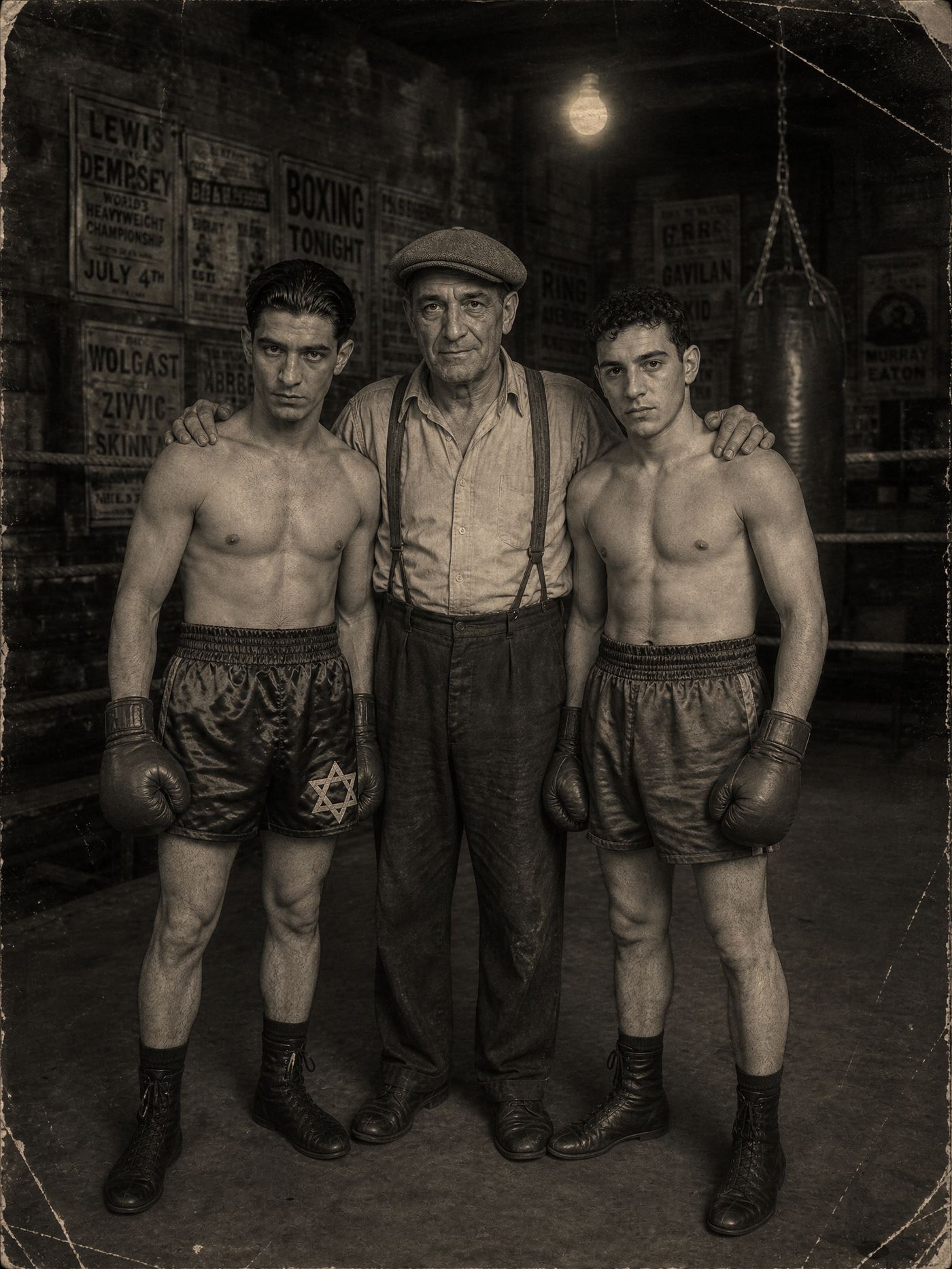 Jewish boxing trainer with his fighters, Lower East Side gym 1930s